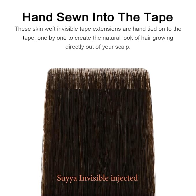 SUYYA Invisible Tape in Hair Extensions Human Hair Darkest Brown Seamless Injected Hand-Tied Pro Quality Virgin Human Hair 20PCS 40G/Pack Straight Tape Ins(16 inch #2 Darkest Brown)