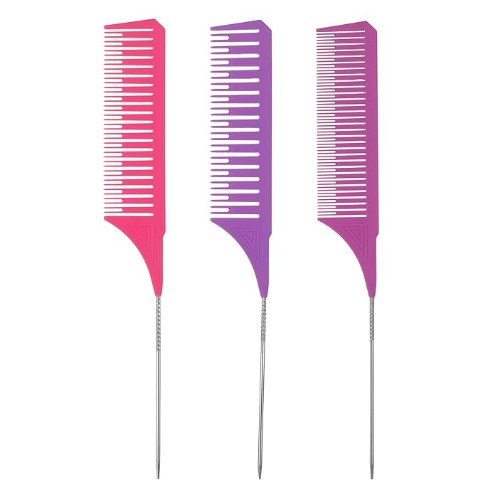 3Pcs Highlighting Comb Professional Hair Dye Combs 3 Sizes Highlight Comb Weaving Combs with Long Stainless Steel Rat Tail for Home and Salon(Purple, Magenta, Purple)