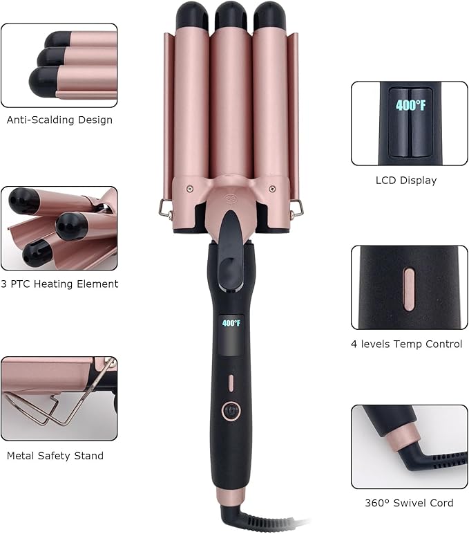 3 Barrel Curling Iron, 1 Inch Ceramic Tourmaline Hair Waver Wand with LCD Temperature Display, Fast Heating Foldable Crimpers for Travel Glove Included (Gold)