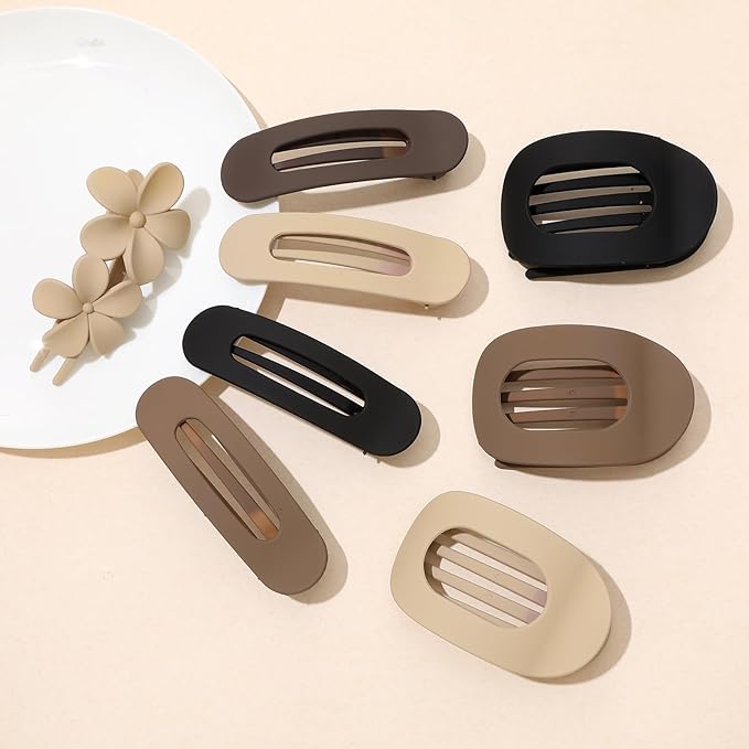 12 Pcs Flat Hair Clips for Women, 3 Styles Matte Flower Hair Clips and Flat Clips, Big and Small Neutral Colors Non-slip Flat Claw Clips Thin Thick Curly Straight Hair Accessories