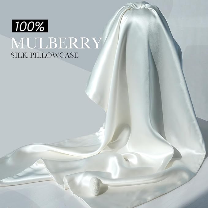 100% Mulberry Silk Pillowcase for Hair and Skin, 22 Momme Pure Natural Silk Pillow Case Both Sided with Zipper, Pillow Cover for Women Mom Men (Ivory White, King 20''×36'', 2 Pack)
