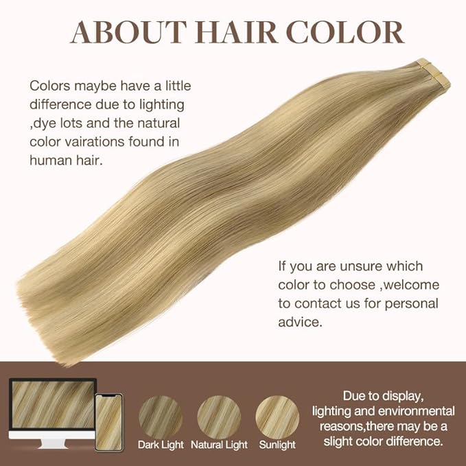 GOO GOO Tape in Hair Extensions Human Hair, 16/22 Light Blonde Highlighted Golden Blonde, 16inch 100g 40pcs, Skin Weft Seamless Invisible, Silky Straight with Thick Ends, Remy Human Hair