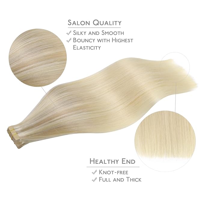 WENNALIFE Tape in Hair Extensions Human Hair, 20pcs 14 inch 50g Ash Blonde to Golden Blonde and Platinum Blonde Remy Tape Hair Extensions Real Human Hair Tape Extensions Coloured Hair Extensions