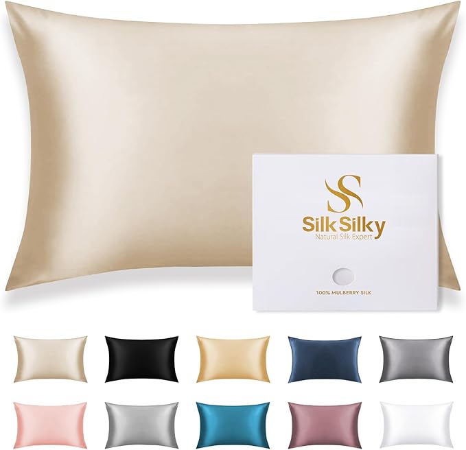 SilkSilky 100% Mulberry Silk Pillowcase - Pure 22 Momme High-Grade 6A Fibers for Hair & Skin, Envelope Closure, Natural, Organic, Breathable & Cooling Pillow Case (Queen, Beige)