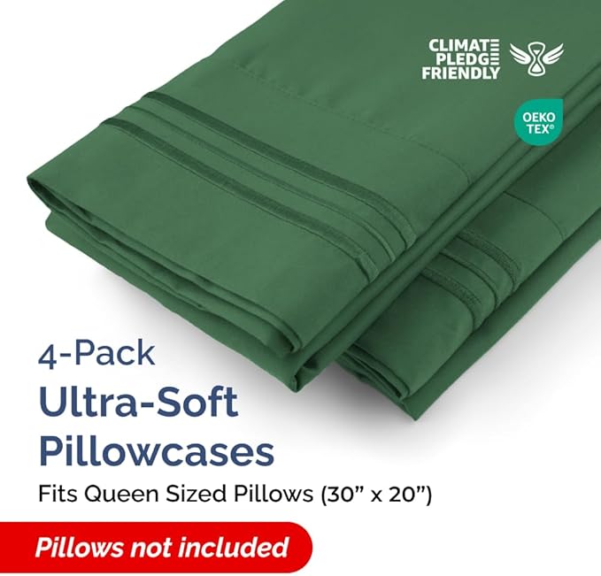 Queen Pillow Cases Set of 4 - Ultra Soft Hotel Quality Pillowcase Covers - Comfy, Cozy & Wrinkle Free - Shrinkage and Fade Resistant - Machine Washable Pillow Protectors - 4 Piece Set - Emerald Green
