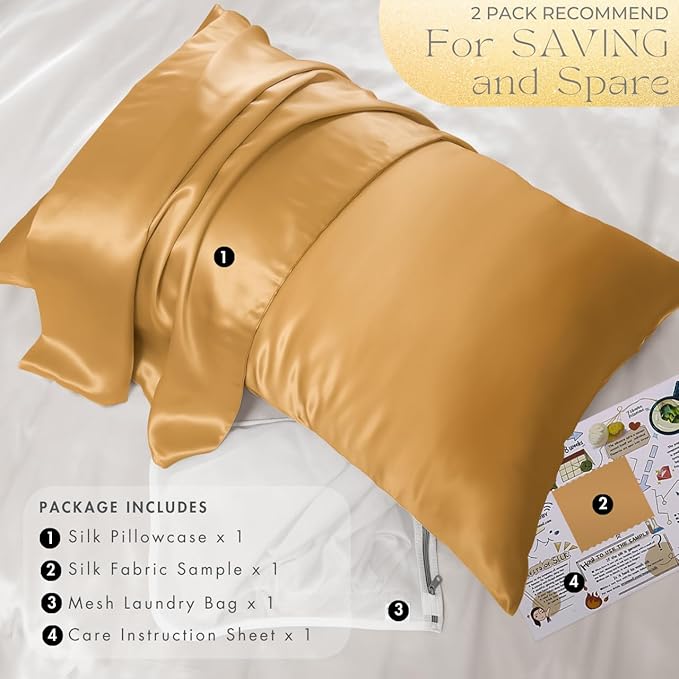 PROMEED 23 Momme Mulberry Silk Pillowcase for Hair and Skin - Both Sides Premium Natural Silk Pillow Case, Grade 6A+ Soft Cooling Pillow Cases, 1pc (Queen 20"x30", Gold)