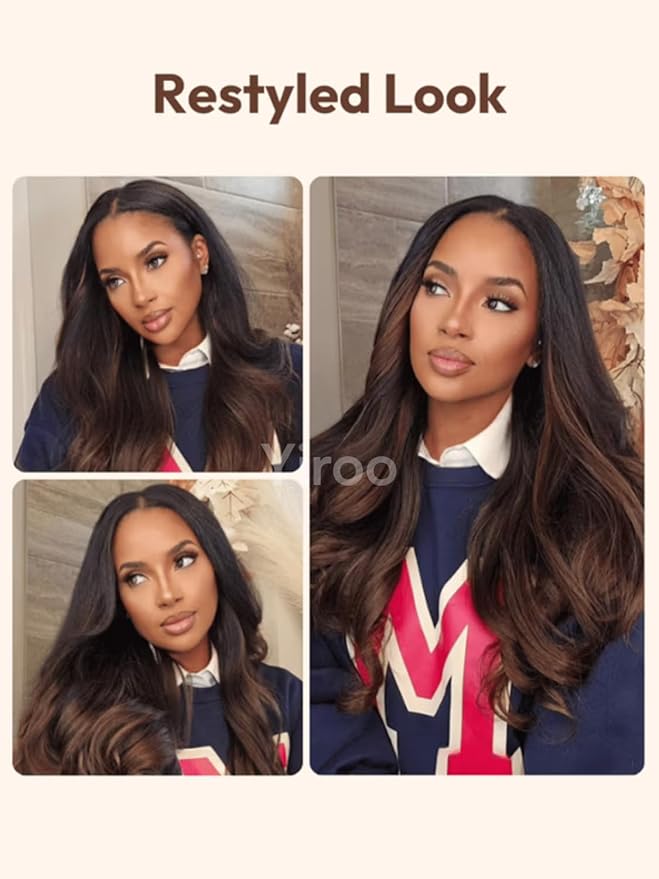 YIROO Chestnut Brown Ombre Yaki Straight 13x4 Pre Everything Frontal Glueless Wig Human Hair Pre Plucked Pre Cut,Bye bye Knots Wear and Go Drawstring Wigs Beginner Friendly 150% Density 22Inch