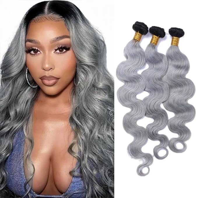 26 28 30 Inch Ombre Bundles Human Hair Grey Body Wave Bundle Brazilian Virgin Remy Hair Extensions Double Weft 2 Tone Black and Silver Body Wave Bundle Hair Weave 300g
