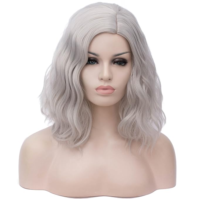 BUFASHION 14" Women Short Silver Kinky Straight Cosplay Synthetic Wigs With Air Bangs 46 Colors Available (Silver)