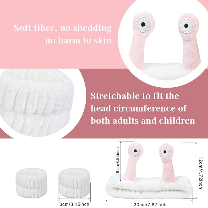 Snail Face Wash Headband Skincare & Wrist Bands for Washing Face Set Cute Spa Headband for Women and Wrist Faces Wash Bands for Shower, Facial Cleaning, Soft Coral Fleece Makeup Headbands,Black&White