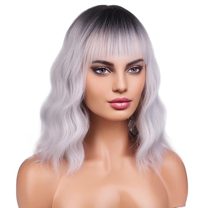 BERON 14 Inches Silver Wig for Women Silver Gray Wig Short Curly Synthetic Wigs with Bangs Ombre Grey Wigs Hairnet Include
