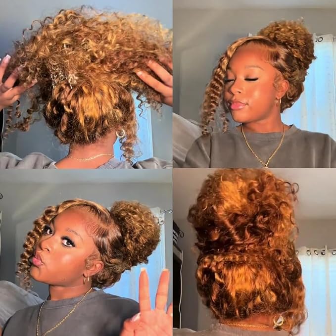 Hidden Strap 360 Deep Wave Lace Front Wigs Human Hair 220% Density Honey Blonde Deep Curly Human Hair wig Ombre Deep Wave 4/27 Highlight Lace Front Wigs Wet And Wavy Water Wave Wig for Women 22 Inch