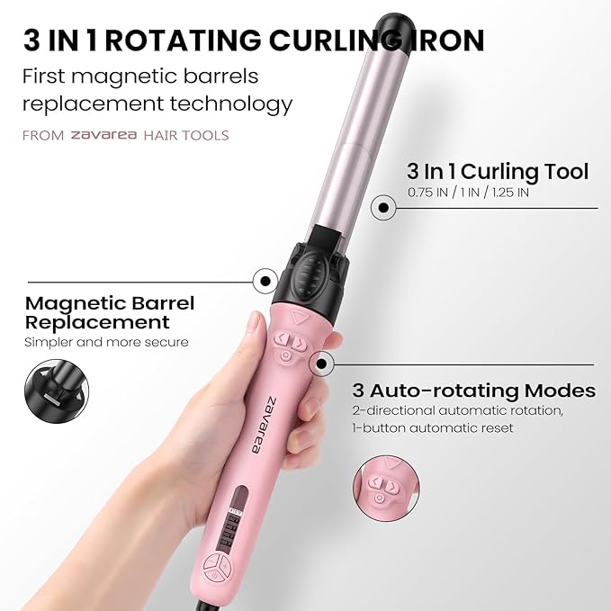 Rotating Curling Iron 3 in 1 Set, Automatic Curling Wand with 3 Interchangeable Ceramic Barrels(0.75" - 1.25"), Instant Heating Hair Culer with 5 Adjustable Temp, Include Heat Resistant Glove & Clips