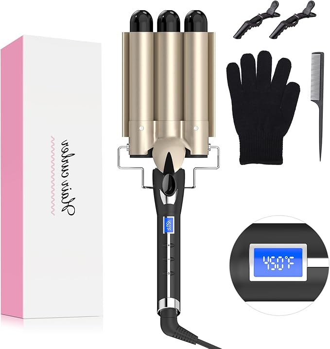 Three Barrel Curling Iron 1.1 Inch for Soft Mermaid Waves, AIMERVO Hair Crimper 15 Adjustable Heat Settings with LCD Temperature Display, Tourmaline Ceramic Deep Waver Includes Heat Resistant Glove