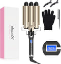 Three Barrel Curling Iron 1.1 Inch for Soft Mermaid Waves, AIMERVO Hair Crimper 15 Adjustable Heat Settings with LCD Temperature Display, Tourmaline Ceramic Deep Waver Includes Heat Resistant Glove