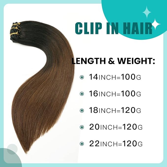 SURNEL Clip in Human Hair Extensions 18 Inch 6pcs 120g Natural Black to Chocolate Brown Double Drawn Clip Hair Extensions (#1BT4,18'')