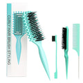 Curly Hair Brush,Curl Defining Brush plus 3 Pieces Hair Styling Comb Set(Slick Back Hair Brush,Rat Tail Comb,Edge Bristle Brush) Lightweight Vented for Combing, Shaping, Styling(Green)