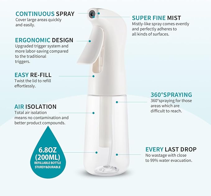 TANSHINE Continuous Spray Bottle for Hair,Ultra Fine Mist Water Hair Spray Bottles,Mister Spray Bottle,Refillable Plastic Sprayer for Hairstyling, Cleaning,Alcohol, Plants, Salons,6.8oz/200ml,Clear