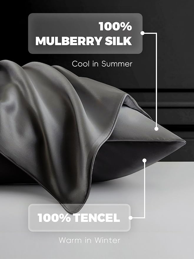 Mulberry Silk Pillowcase for Hair and Skin, SGMSILK 22 Momme Natural Silk Pillow Cases with Zipper, 6A Soft and Smooth Single Sided Pure Silk Pillow Cover (Dark Gray, King 20"x36")