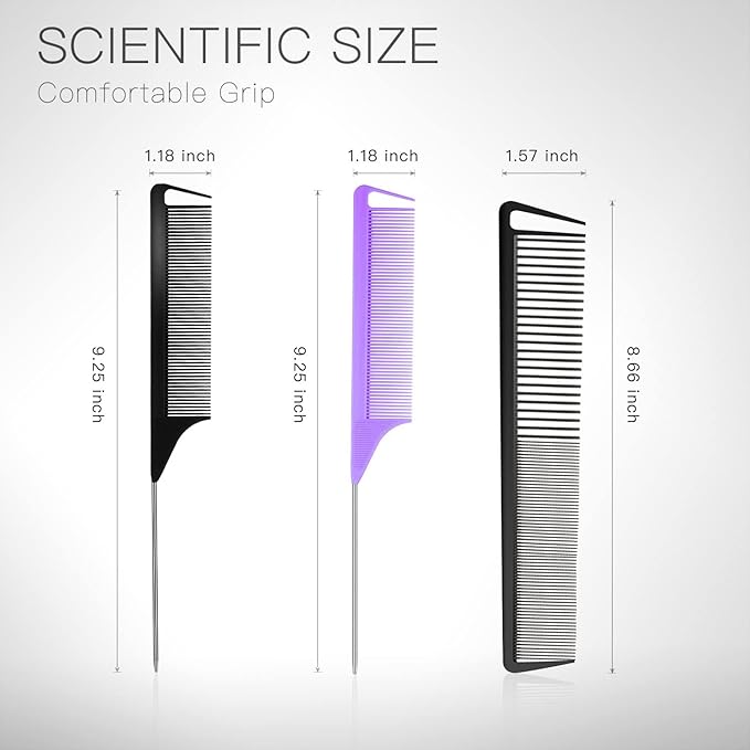 3 Pcs Rat Tail Comb Parting Comb for Braids Barber Styling Combs Carbon Fiber Teasing Combs Stainless Steel Pintail Comb for Women Men Fine Teeth Salon Hairdressing Hair Care Tools (Black+Purple+Black)