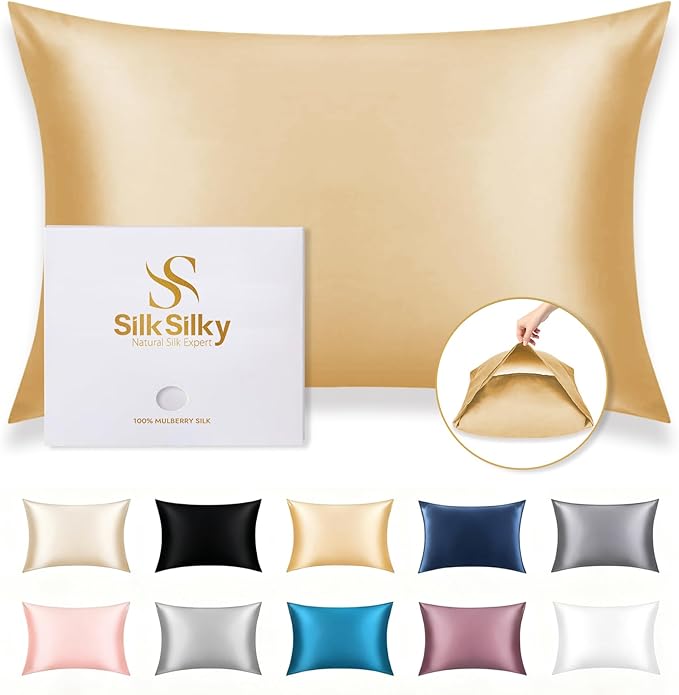 SilkSilky 100% Mulberry Silk Pillowcase - Pure 22 Momme High-Grade 6A Fibers for Hair & Skin, Envelope Closure, Natural, Organic, Breathable & Cooling Pillow Case (Standard, Champagne)