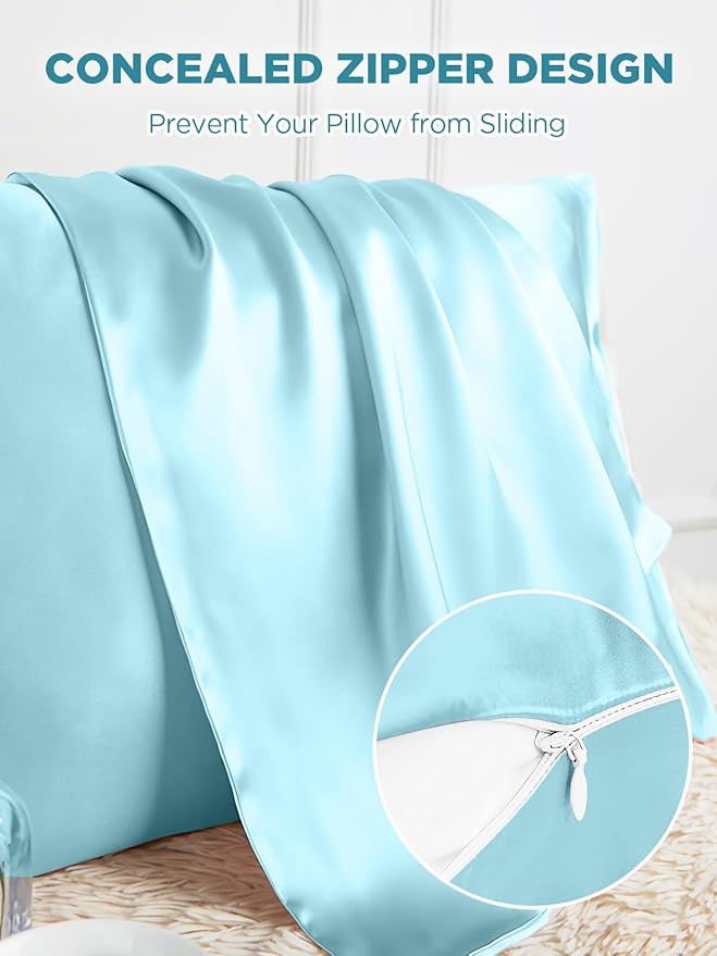Mulberry Silk Pillowcase for Hair and Skin, SGMSILK 22 Momme Natural Silk Pillow Cases with Zipper, 6A Soft and Smooth Single Sided Pure Silk Pillow Cover (Haze Blue, King 20"x36")