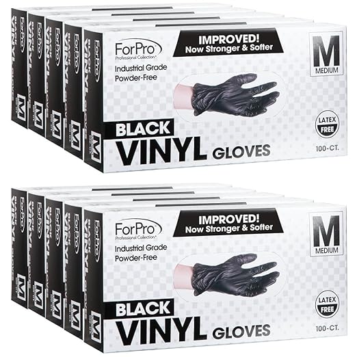 ForPro Disposable Vinyl Gloves, Black, Industrial Grade, Powder-Free, Latex-Free, Non-Sterile, Food Safe, 2.75 Mil. Palm, 3.9 Mil. Fingers, Medium, 100-Count (Pack of 10)
