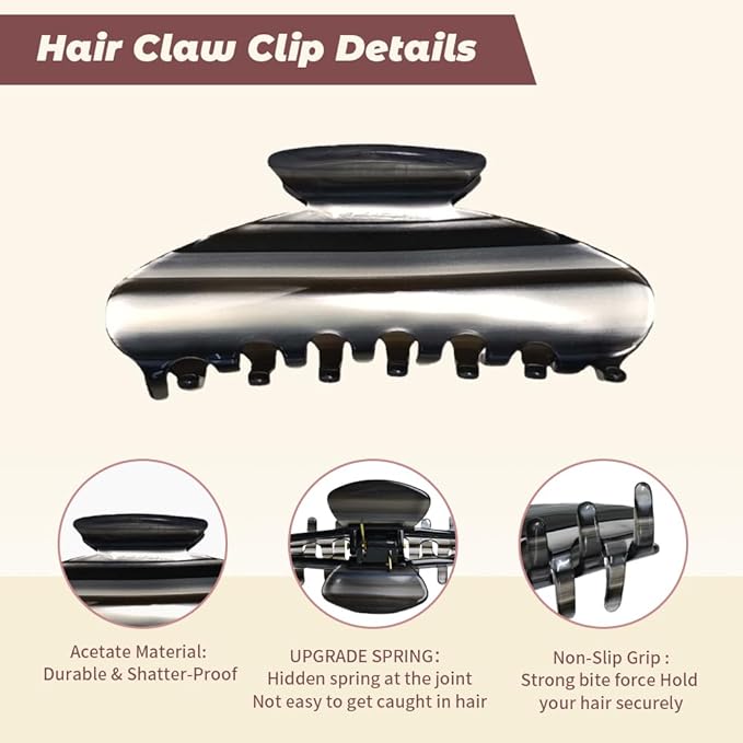 French Hair Claw Clips for Women Grils,4 Inch Strong Hold No Slip Grip Accessories Acetate Material,Not Easily Damaged,Thick or Thin Hair (Black & White)