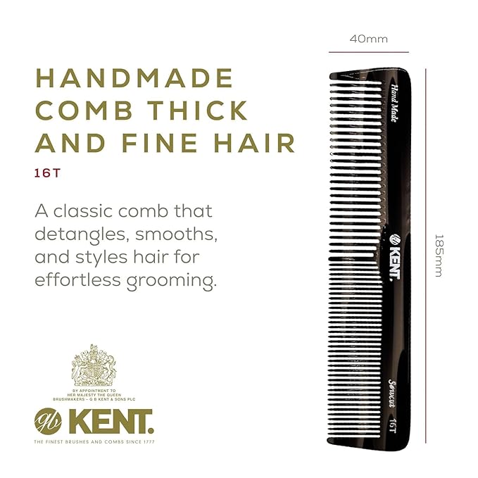Kent 16T Tortoiseshell and Graphite, Fine and Wide Tooth for Daily Grooming, Handmade Styling Comb for All Hair Types, Wet and Dry Hair Detangling Comb, Saw Cut Hand Polished, Made in England