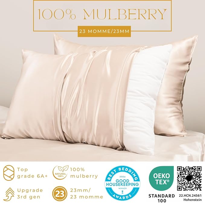 PROMEED 23 Momme Silk Pillowcase 2 Pack with Zipper, 3rd Gen Grade 6A+ 100% Mulberry Silk Pillow Case Set of 2, Cooling Pillow Cases for Hot Sleepers (Queen 20"x30", Champagne)