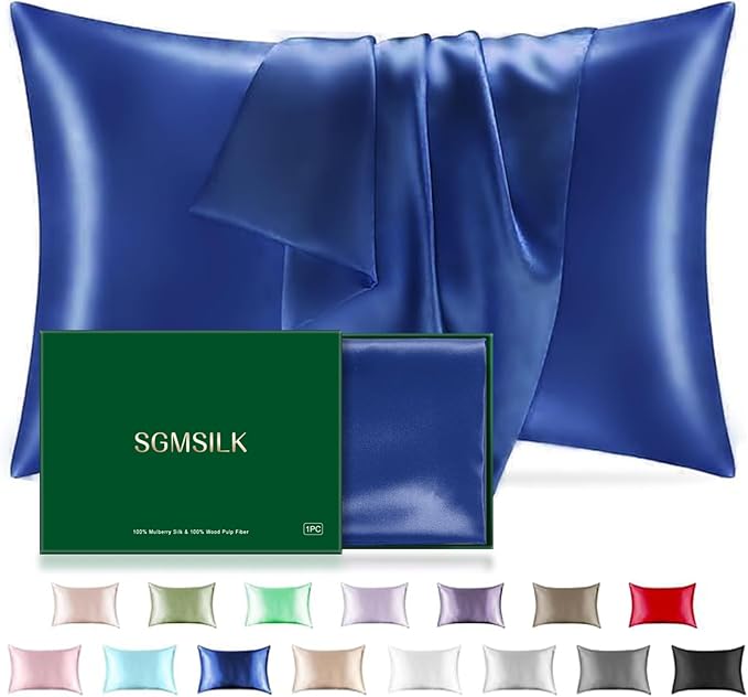 Mulberry Silk Pillowcase for Hair and Skin, SGMSILK 22 Momme Natural Silk Pillow Cases with Zipper, 6A Soft and Smooth Single Sided Pure Silk Pillow Cover (Royal Blue, Standard 20"x26")