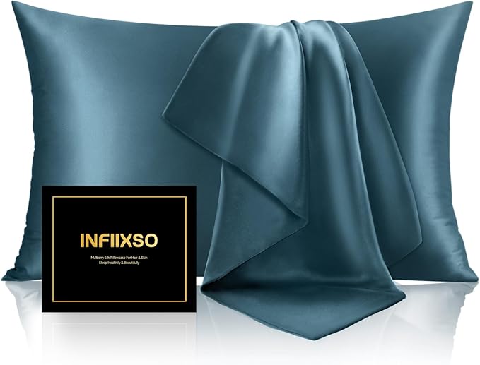 INFIIXSO Mulberry Silk Pillowcase for Hair and Skin, Silk Pillow Cases Queen Size Set of 2 with Hidden Zipper 20"x30", Ultra Smooth and Soft Cooling Pillow Cases for Hot Sleepers(Bluesteel, 2 Pack)