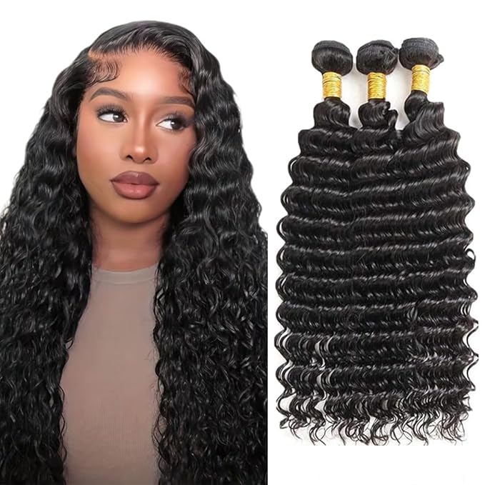 28 30 32 Inch Bundles Human Hair Natural Black Deep Wave Bundles Niegmeag Unprocessed Virgin Soft and Silky Remy Hair Extensions Double Weft Color 1B Deep Wave Bundle