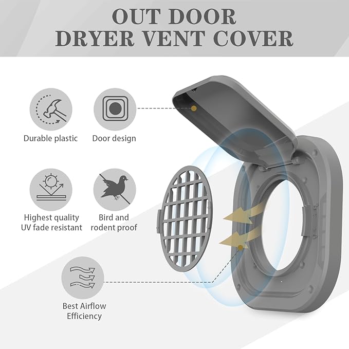 Dryer Vent Cover Outside 4 inch, Magnetic Door Design, Durable Airflow Vent with Lint Trap Screen, Thickened Material, 7 inch x 7 inch Size, Grey