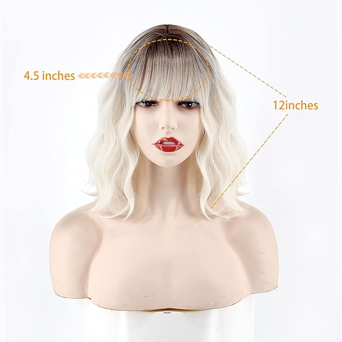 MISSQUEEN Short Platinum Blonde Wavy Wig with Bangs,Dark Roots Short White Blonde Wig for Women,Middle Part Cosplay blonde Wigs Natural Looking for Daily Use