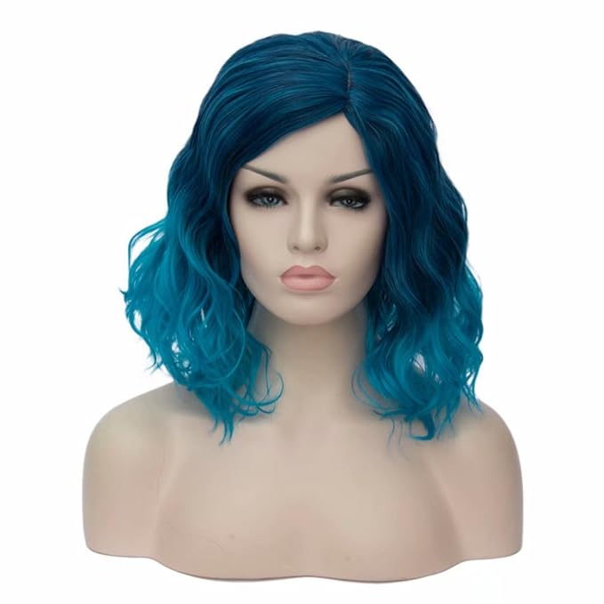 BUFASHION 14" Women Short Ombre Blue Kinky Straight Cosplay Synthetic Wigs With Air Bangs 46 Colors Available (Ombre Blue)