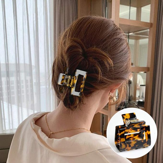 2 Pack Cutout Tortoise and Leopard Square Celluloid Acetate Jaw Clips for Thick Hair