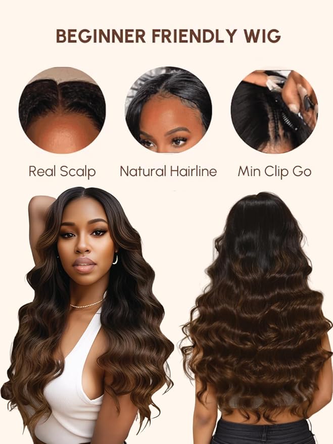 YIROO V Part Wig Human Hair No Leave Out Ombre Chestnut Brown Yaki Straight Glueless Human Hair Wig Upgrade U Part Wigs for Women V Shape Clip in Half Wig No Glue No Sew in Beginner Wig 20inch