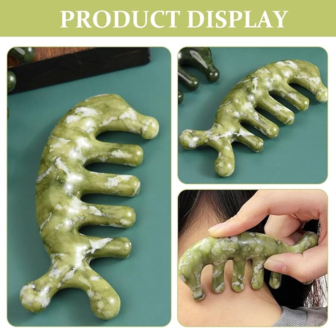 TIDTALEO Jade Craft Massage Comb Tool 3D Fish-Shaped Scalp Massager with Gua Sha Function Light Green Jade for Head, Body, and Facial Acupressure Relaxation