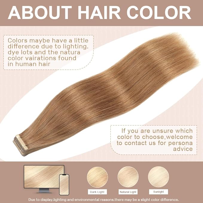 Tape in Hair Extensions Human Hair 16 Inch 20pcs Invisible Tape ins Hair Extensions Real Human Hair Golden Brown Remy Seamless Injected Tape Extensions