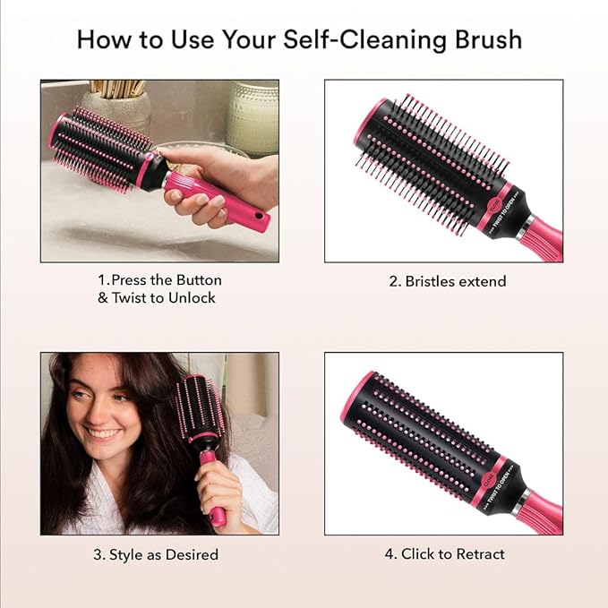 Hair Brushes for Women - Self Cleaning Blow Dryer Brush Detangler Round Brush Roller Retractable Travel Hairbrush Pink Birthday Gifts