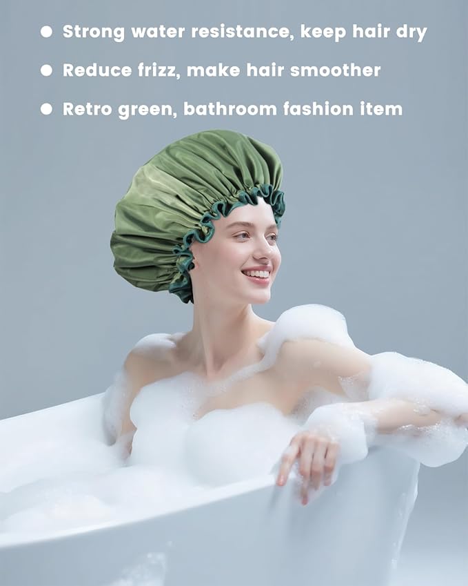 Aquior Shower Caps, Reusable Shower Cap for Women, Double Layer Waterproof Bonnet Hair Cap, Large Size for All Hair Lengths,for Girls Spa Home Salon Use(Green)
