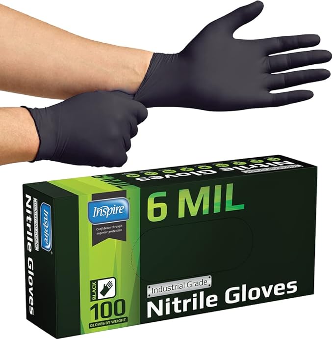 Inspire HEAVY DUTY ORIGINAL Stretch Nitrile Black Gloves Disposable Latex Free | Food, Mechanic, 6mil Black or 8 Mil Orange