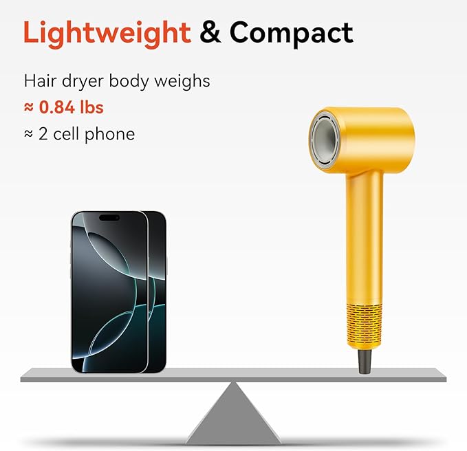 High Speed Hair Dryer - Ionic Hair Dryer for Women with brushless Motor, Fast Drying, Low Noise, Blow Dryer, with Magnetic Nozzle, Suitable for Home, Travel and Salon use (Yellow)