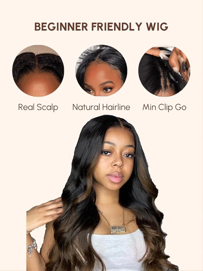 YIROO V Part Wig Human Hair Highlight Chestnut Brown Ombre Body Wave Human Hair Wig No Leave Out 12A Glueless Upgrade U Part Wigs Clip in Half Wig No Glue No Sew Beginner Friendly 150% Density 16inch