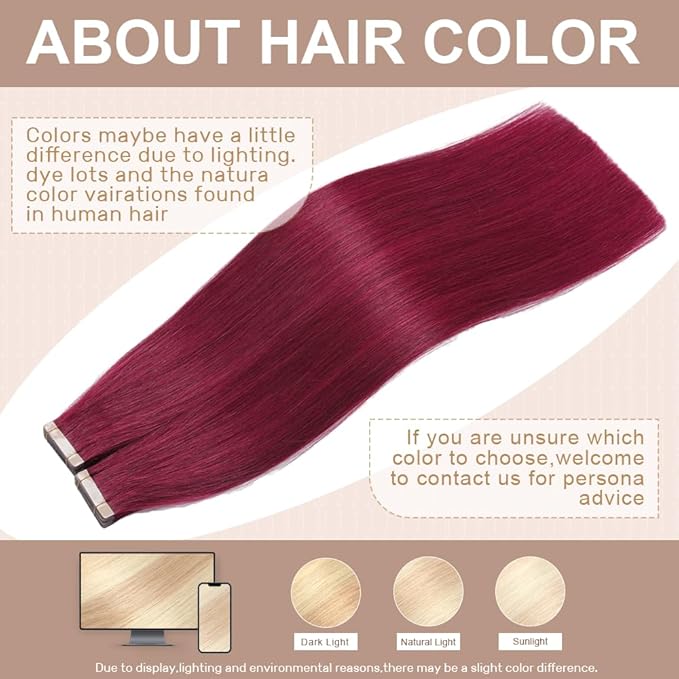 99J Red Wine Burgundy Tape in Hair Extensions Human Hair,14 Inch Human Hair Tape in Extensions 20Pcs Tape Ins Human Hair Extensions for Women Seamless Tape in Hair Extensions Real Human Hair