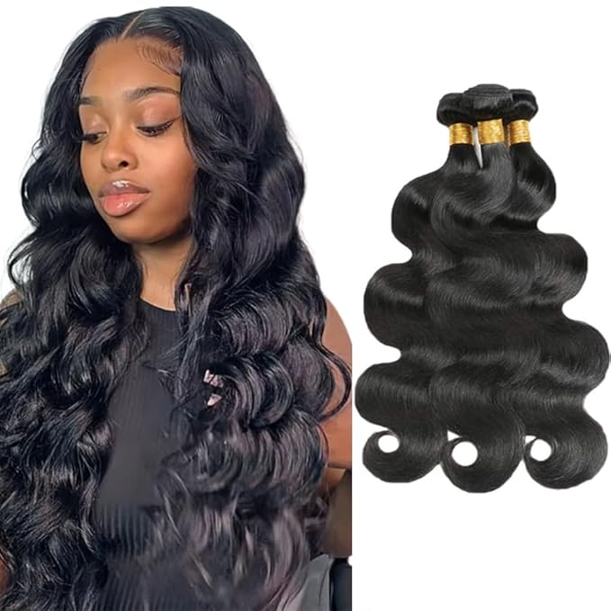28 30 32 Inch Color 1B Body Wave Bundles Natural Black Human Hair Bundles Niegmeag Brazilian Virgin Remy Hair Extensions Double Weft Soft and Silky Body Wave Bundle Hair Weave