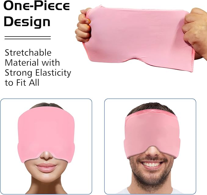 Headache Relief Hat for Migraine Relief, Tension, One Size Fits All Headache Cap with Reusable Ice Gel Pack for Puffy Eyes, Stress Relief (Pink)