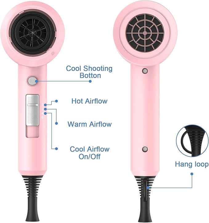 slopehill Professional Ionic Hair Dryer, Powerful 1800W Fast Drying Low Noise Blow Dryer with 2 Concentrator Nozzle 1 Diffuser Attachments for Home Salon Travel (Pink)