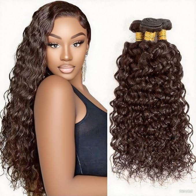 Chocolate Brown Bundles Human Hair Color 4 Water Wave Bundle Brazilian Virgin Remy Hair 3 Bundles 20 22 24 Inch Niegmeag Double Weft Dark Brown Wet and Wavy Bundle Hair Weave 300g